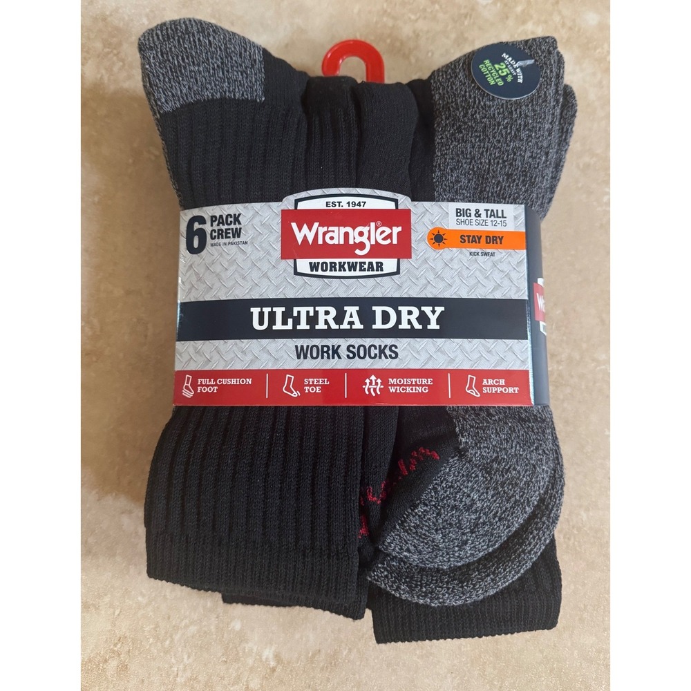 Wrangler Work Socks Men 12-15 Big & Tall Black Ultra Dry 6pk Crew NEW